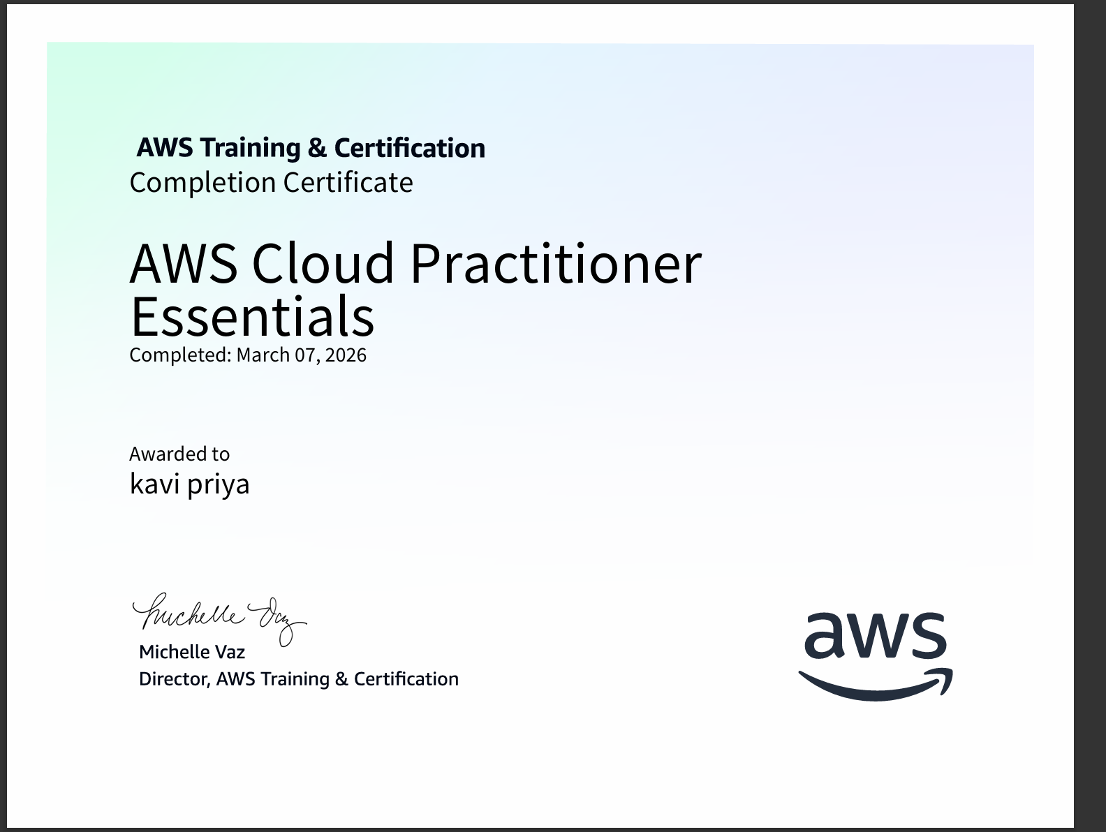 AWS Cloud Practitioner Essentials certificate